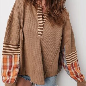 Trendy Tan Button Down Shirt with Patterned Sleeves